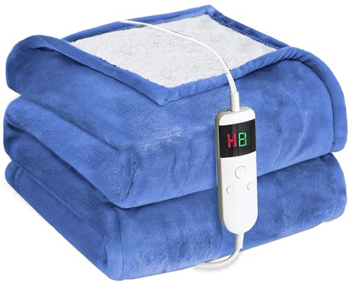 Cushious Heizdecke mit Abschaltautomatik 130x180 cm, 10 Heizstufen & 8-Stunden-Timer, Überhitzungsschutz, Maschinenwaschbar, Flanell-Wärmedecke elektrisch für Bett Sofa und Homeoffice