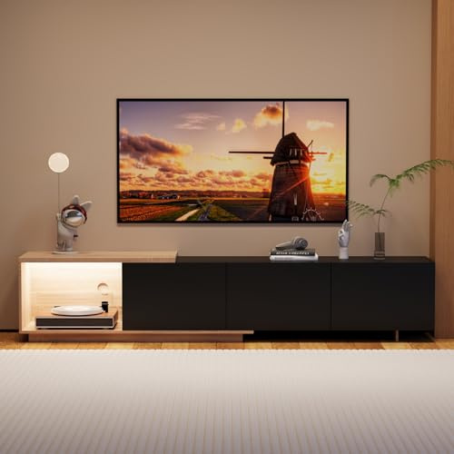 Mobile TV, allungabile, basso, 240 cm, con LED, per TV fino a 65 pollici, con 3 cassetti e scaffali aperti, cassettiera per soggiorno, camera da letto, rovere e nero