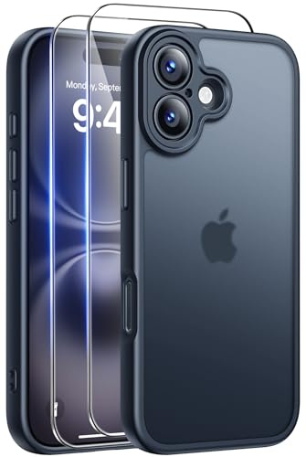 FLLAO Coque pour iPhone 16 avec 2 Pièces de Verre Trempé, Militaire Étui de Mince Bumper Housse, Silicone en Gel TPU Souple Compatible avec iPhone 16 - Noir