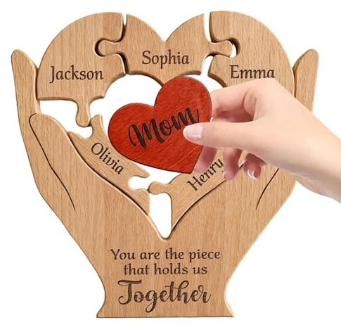 Wooden Puzzles Decor, Heart Shape Sign, Family Table Ornament Engraved Home Accent, Mothers Day Gift Living Room Apartment Holiday Party Gathering Decoration 5.91x5.91x0.71 Inches