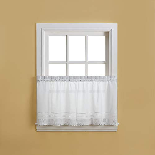 White Crochet Cafe Kitchen Curtain Window Tier Pair, Rod Pocket, 29W x 36L inch, Set of 2