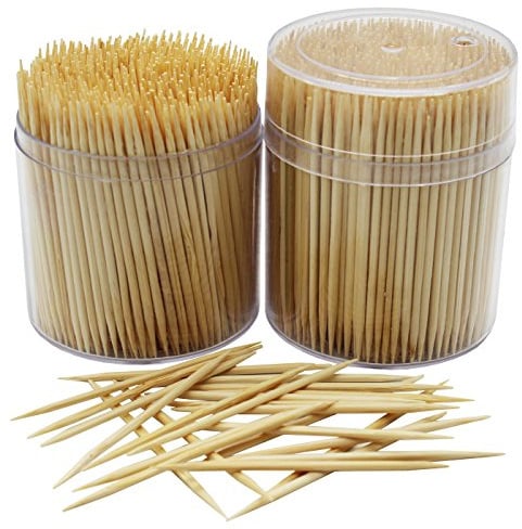 MontoPack Palillos de dientes de madera de bambú | 1000 palillos redondos de madera grandes en caja de almacenamiento de plástico transparente | Resistente y seguro de doble cara para fiestas,