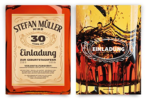 Einladungskarten zum Geburtstag (10 Stück) als Whisky Etikett Scotch Flasche Brandy Glas