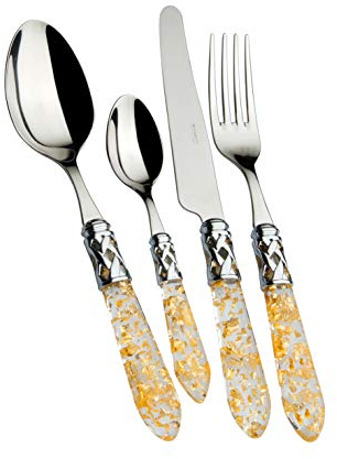 BUGATTI, Aladdin, Ensemble de 24 Couverts en Acier Inoxydable 18/10, Anneau chromé et Manche en Paille dorée. Set de Couverts 6 Personnes: 6 cuillères, 6 fourchettes, 6 Couteaux et 6 cuillères à café