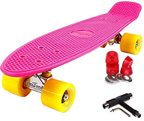 FunTomia 57cm Mini-Cruiser Board Skateboard mit oder ohne LED Leuchtrollen inkl. Aluminium Truck, ABEC-9 Kugellager und T-Tool (Pink mit gelbe Rollen)