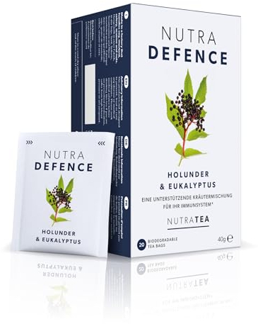 Nutra Tea NUTRADEFENCE, Immun- & Erkältungstee, Hustentee zur Unterstützung des Immunsystems und der Atemwege, 60 wiederverwendbare Teebeutel, Kräutertee mit Eukalyptus & Ingwer