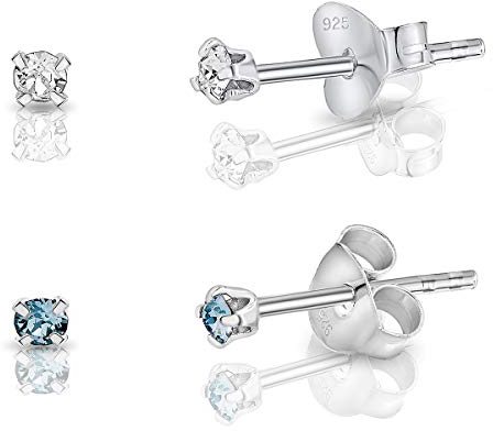 2er Set Ohrstecker Damen 925 Sterling Silber - Punkt Ohrstecker 2mm mit Kristall – Elegant Funkelnd Nickelfrei & Hypoallergen - Farbe : klare Kristalle + Aquamarin