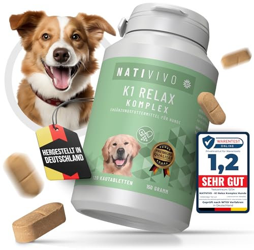 NatiVivo K1 Relax Komplex Beruhigungsmittel für Hunde mit L-Tryptophan Baldrian Hanfsamenöl. Entspannung bei Angst, Stress & auf Reisen - Unterstützt Ruhe, Gelassenheit & Ausgeglichenheit im Alltag