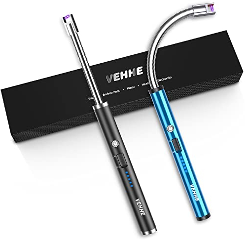 Vehhe - Accendino elettrico ricaricabile, 2 pezzi, con display a LED, interruttore di sicurezza, collo flessibile USB per candele, campeggio, griglia, fornelli a gas (nero e blu)…