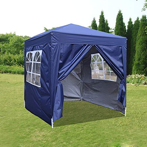 Pop Up 2 x 2m Outdoor Gazebo Marquee Garden Awning Tent Folding Canopy with 4 Sidewall and Carrying Bag for Festival Wedding Party (Blue)