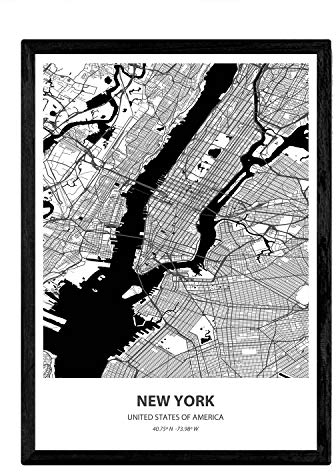 Nacnic Poster mit Karte von New York - USA. Blätter von US-Städte mit Meeren und Flüssen in schwarz und weiß. A3