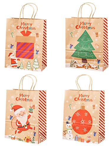 BESPORTBLE 4Pcs Weihnachten Kraft Papiertüten Frohe Weihnachten Santa Candy Taschen Weihnachtspapier Geschenktüten mit Griff für Urlaub Weihnachten Party Gefälligkeiten (Farbe 2)