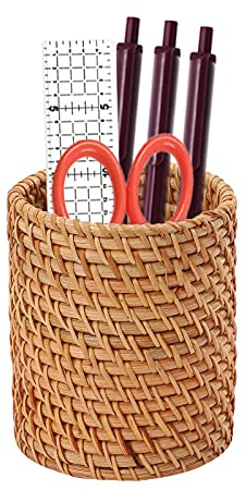 Vulevirtue 1Pcs Multifonction Holder Rotin,Bureau Bien rangé Pen Pot,Pot pour Pinceaux Maquillage,pour Pinceaux de Maquillag Chopsticks Tube Pen Holder, pour L'école Bureau a Maison,10cm * 7.5 cm
