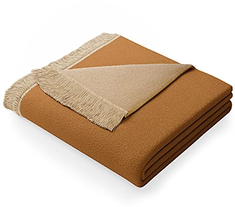 AmeliaHome Kuscheldecke 150x200 cm Decke mit Fransen Tagesdecke aus Baumwolle Franse Karamell Beige
