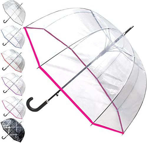 COLLAR AND CUFFS LONDON SELTENE Automatik Regenschirm Transparent Sturmfest - Stockschirm Durchsichtig Windfest - SEHR STARK - Verstärkt mit Fiberglas - Damen Herren - Einfassband - Rosa