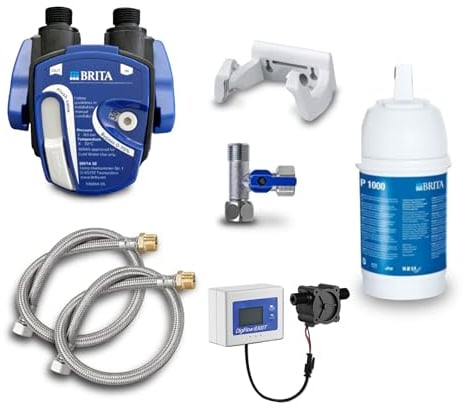 Neues Wasser Group | Untertisch-Wasserfilter: BRITA Filter-Kopf, BRITA Filter P1000, Filterwechselanzeige (Digiflow-Wasseruhr), Flexschlauch, Eckventil-Adapter