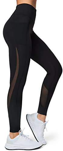 Yvette Sport Leggings Damen mit Mesh Taschen, Blickdicht high Waist Sporthose für Fitness Yoga Streetwear, Schwarz, M