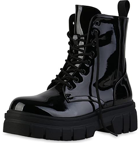 VAN HILL Damen Stiefeletten Plateau Boots Blockabsatz Schuhe Freizeit Stiefel Profilsohle Booties Plateauschuhe 207060 Schwarz Lack 40