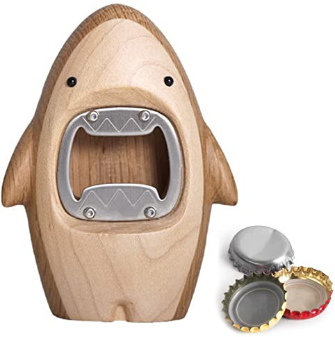 Yeeda Décapsuleur mignon créatif en forme de requin, ouvre-bouteille en bois durable et en métal pour canettes de bière, canettes de coca, barman, cuisine, bar