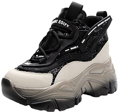 ANUFER Donna Piattaforma Alta Chunky Scarpe da Ginnastica Lucido Paillettes Moda Tacco a Zeppa Sneakers