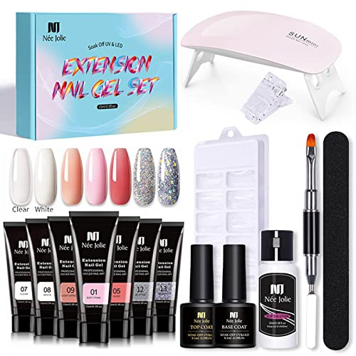 Poly Nagel Gel Starter Set mit UV Lamp Poly Nagelgel Set mit 7 Farben und Basislack&Decklack Maniküre Werkzeuge Nagelverlängerungen Geschenkset für Frauen