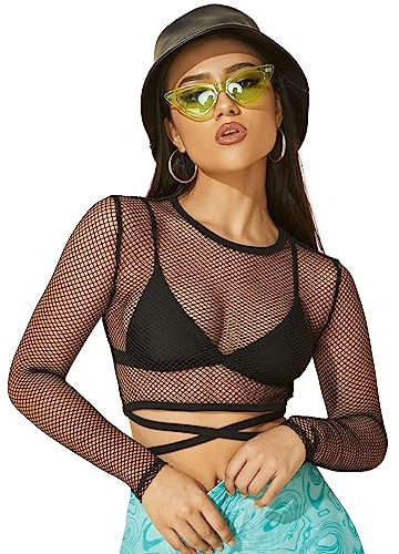 GORGLITTER Damen Fischnetz Mesh Crop Top Durchsichtiges Oberteil Langarm Tops Schwarz M