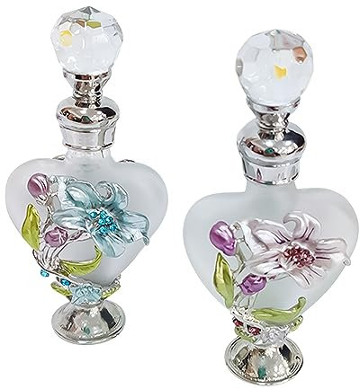2pcs Retro Crystal Perfume Bottle, 10ml Empty Flower Crystal Perfume Bottle Heart-shaped Glass Empty Container for Fragrance Storing, Dresser Table Decor