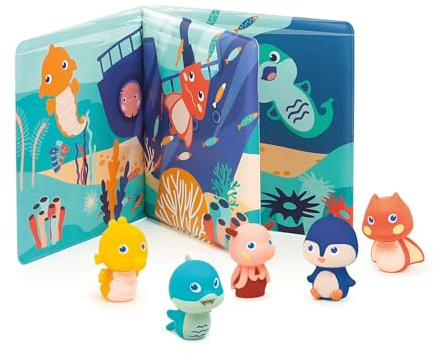 LUDI — Spielbuch zum Schwimmen aus Kunststoff — 5 Fingerpuppen: Thema Meeresboden — leicht zu reinigen — entwickelt Sprache — ab 10 Monaten