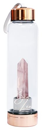 BenZen Roségoldene Kristall-Wasserflasche mit Rosenquarz innen, auslaufsichere Flasche und abnehmbarer Kristall, 550 ml
