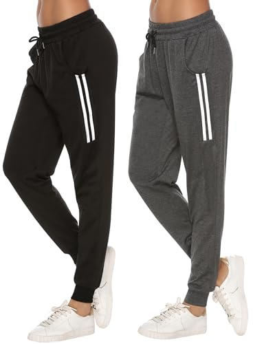 Sykooria Damen Jogginghose Sporthose Lang Yoga Hosen Freizeithose Laufhosen Baumwolle High Waist Trainingshose für Frauen, 2pcs-Schwarz+Dunkelgrau, M