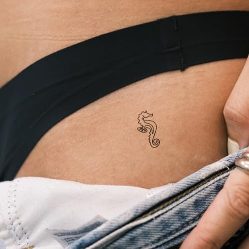 Inkster® One Line Seepferd Tattoo | Temporäres Tattoo mit EU-Kosmetikzertifizierung | wasserfest + vegan | revolutionäres 2-Wochen-Tattoo | Fake Tattoos und Klebetattoos für Erwachsene