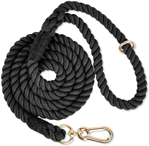 NUGUTIC Handmade Braided Cotton Rope Leash with Heavy Duty Metal Clasp, Cute Wedding Dog Leash (Black, 5 FT)