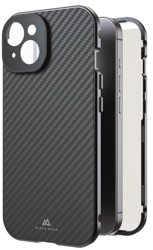 Black Rock Hülle für iPhone 15 (Carbon Beschichtung, Kameraschutz, Metallrahmen, 360° Rundumschutz, Wireless Charging kompatibel, ultradünn, slim, Magnet, Cover, Handyhülle, Case) Real Carbon