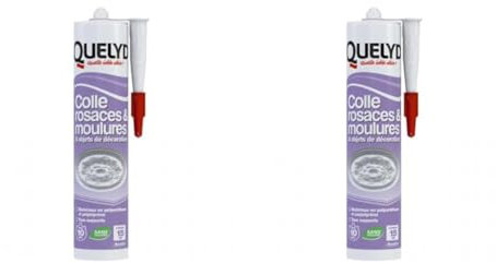 Quelyd Colle Rosaces, Moulures et Objets de Décoration - Pour Polyuréthane et Polystyrène - Tous Supports - Prise Rapide 10 Secondes - Blanc - 1 Cartouche 310 ml (Lot de 2)