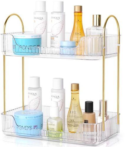 Winter Shore Etagere Salle de Bain à 2 Niveaux - Petite Etagere a Poser Transparente pour Stockage de Soins, Maquillage, Produits de Beauté - Etagere Lavabo, Douche, Coiffeuse, Cuisine & Bureau