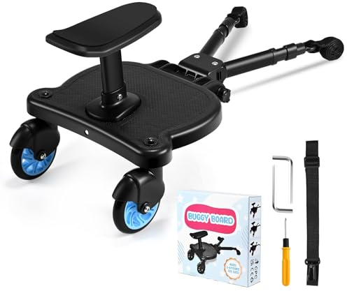 ENERHUB Buggy Board mit Sitz, Kinderwagen Trittbrett, Anpassbare Pedale Buggy Board für alle Kinderwagen, Trittbrett für Kinderwagen Universal für Kinder von 2-6 Jahren, Blaues Rad
