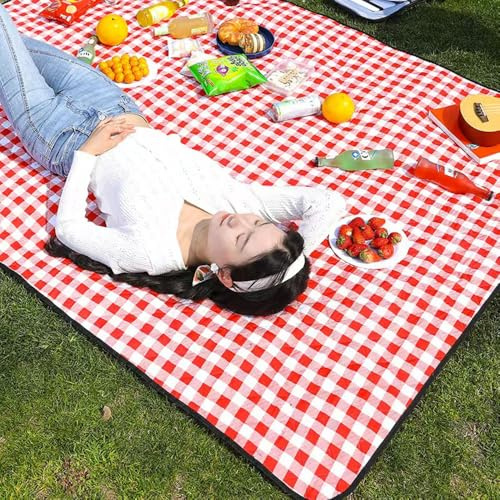 LRUUIDDE Übergroße Picknick-Stranddecke, 203 x 152 cm, wasserdicht, faltbar, 3-lagig, sanddichte Decken, kariert, Picknickmatte für Strand, Camping, auf Gras, Picknickdecken (rot, 203 x 152 cm)