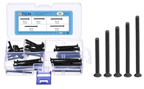 DTGN 50Pcs M4 x 30mm /35mm /40mm /45mm /50mm Flat Hex Head Socket Cap Screws Bolts Kit, Carbon Steel Black Oxide, Full Thread, Countersunk Bolts