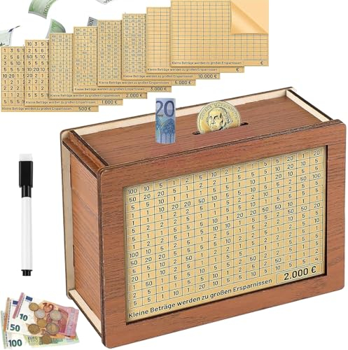 qingmeng Spardose zum Ankreuzen Holz, Spardose Nicht zum öffnen, Spardose Erwachsene Kinder Groß Sparschwein Spar Challenge Geld Sparen, Spardose mit Ziel Zähler, Sparbox mit Zahlen 500/5000/10000euro
