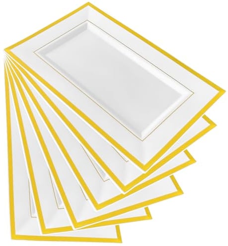 Vassoi Plastica,6pcs Vassoio Plastica,33*20*1.5CM Vassoio Plastica Rettangolare,Vassoi Plastica con Bordo Dorato,Vassoi per Antipasti, Finger Food, Catering, Compleanni, Matrimoni (Non può Piegarsi)