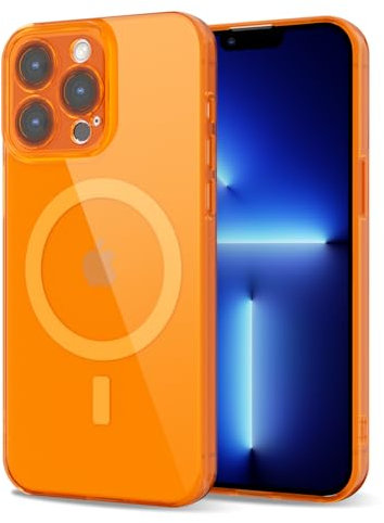 Svanove for iPhone 13 Pro Max Case Clear Compatible with Magsafe, Fluorescent Transparent Magnetic Magnet Mag Case, Slim Thin Bright Silicone Grip & Shockproof Bumper Camera Cover, Neon Orange