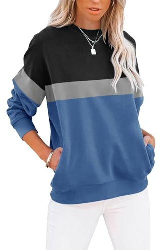 Cuptacc Langarmshirt Damen Pullover Herbst Farbblock Rundhals Sweatshirt Damen Elegant Rundhals Taschen Oberteile Schwarz Blau XL 46-48