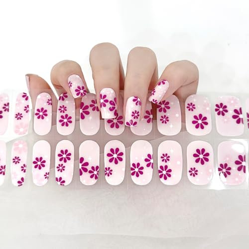 Semi Cured Gel Nails Strips, Flower Nail Wraps Soft Self-Adhesive 22 Stickers Gel Nail Stickers Salon-Quality Glitter Gel Nail Strips Require UV/LED Lamp (162-Flowers)