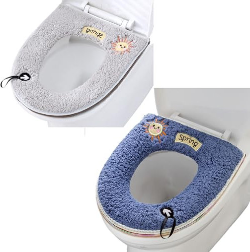 Universal-WC-Sitzkissen mit Aufhängeschlaufe, weich und warm, waschbar, 2 Stück (grau + blau)