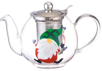Cottea 1000 ml/35 oz Handbemalte Teekanne Aus Glas Mit Muster Für Den Herd, Teekanne Mit Siebeinsatz, Glas Teekessel Mit Teesieb, 1 Packung. (Weihnachtsmann mit grünem Hut)