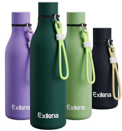 Exllena Metal Water Bottle 750ml with Silicone Strap, Double Wall Vacuum Insulated Water Bottles Keeps Drinks Cold 24 Hrs/Hot 12 Hrs, Stainless Steel Water Bottle BPA Free(Lake Blue)
