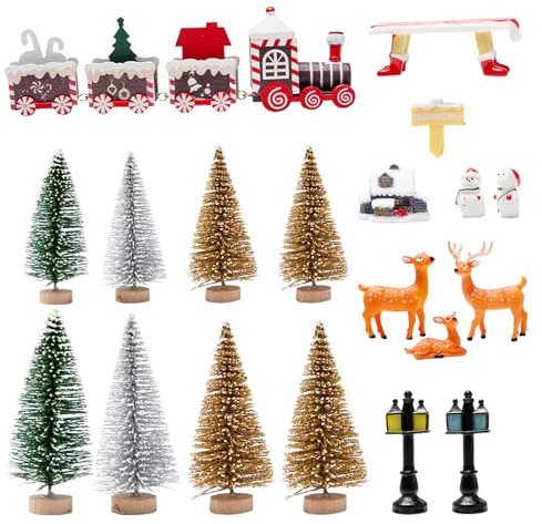 Neikafan 19 Stück Figuren Deko Mini Weihnachten Kleine Elfen, Weihnachtsdeko Mini Zug Miniatur Holz Weihnachtsfiguren Schneemann Weihnachtsbaum Tannenbaum für Tischdeko DIY Puppenhaus