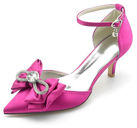 HFWXYSA Scarpe da sposa in raso con tacco basso a forma di gattino, scarpe da sposa con cinturino alla caviglia con strass, punta chiusa, da sera, ballo di fine anno, feste, décolleté, Fucsia, 37 EU