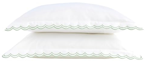 Christy Scallop Edge Oxford Pillowcase Pair | Luxury Cotton Sateen | Contrasting Embroidered Trim | Smooth, Glossy Bedding | Matcha Green