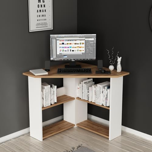 Homidea Corner moderner Eckschreibtisch – Computer-Schreibtisch in L-Form mit Regale für Büro und Zuhause (Corner - Walnuss/Weiß)
